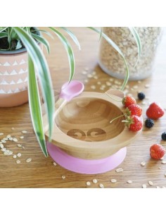 Assiette + cuillère en bambou et silicone naturel pour bébés avec leur ventouse antidérapante 2