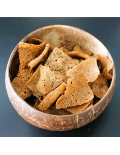 Chips de sarrasin croustillantes, aux notes parfumées tomates et basilic. Naturellement sans gluten.